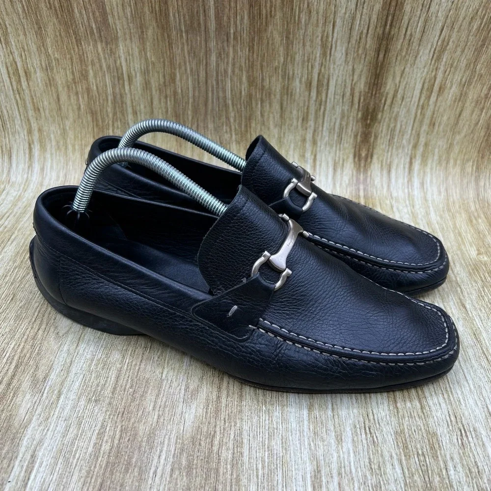 Salvatore Ferragamo Gancini Bit Loafers Men's 8.5 EE Black Pebbled Leather Italy